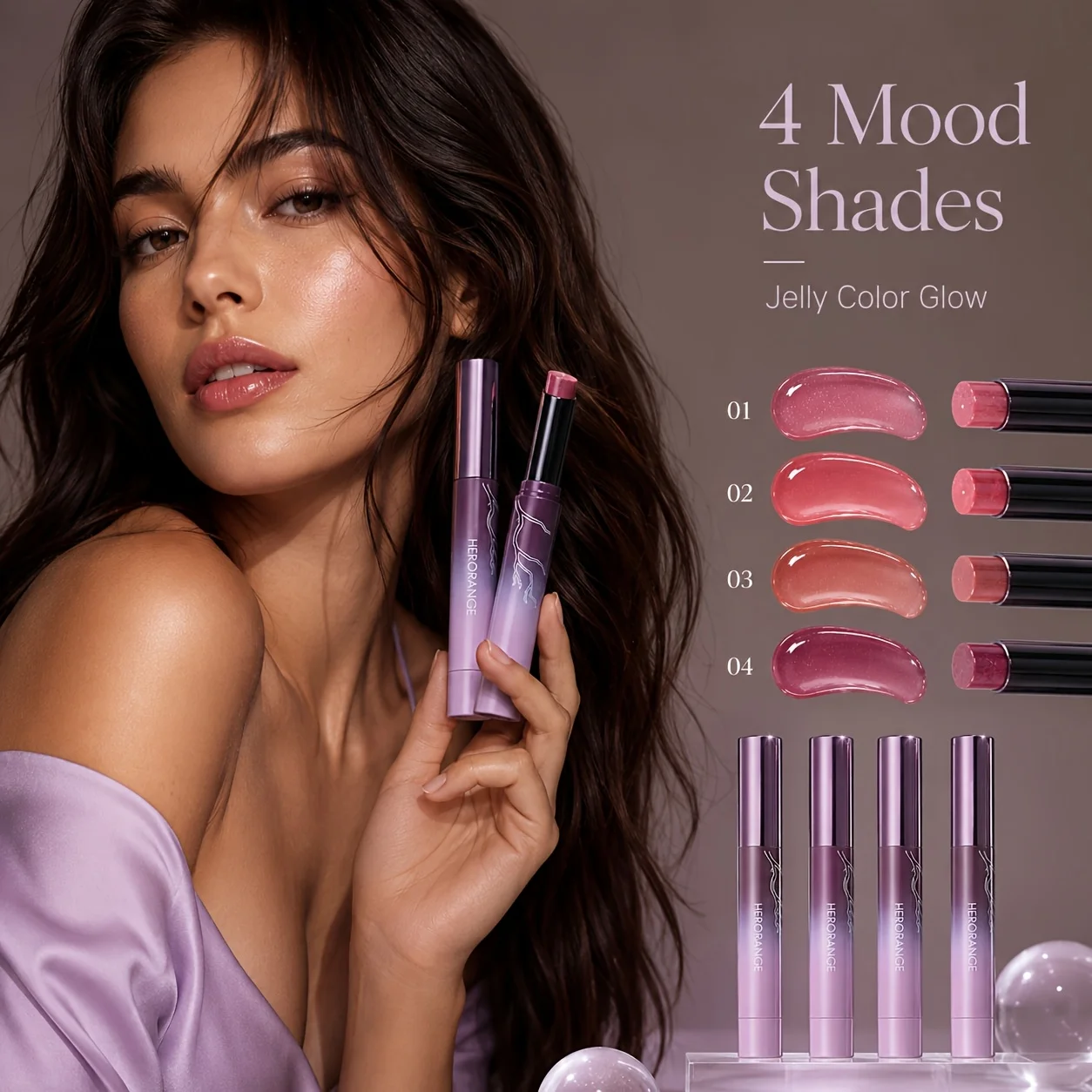 Smoky Purple Jelly Solid Lip Gloss Glossy Glass Lips Moisturizing Shiny Tinted Lip Balm 4 Shades Long Lasting Daily Lip Makeup