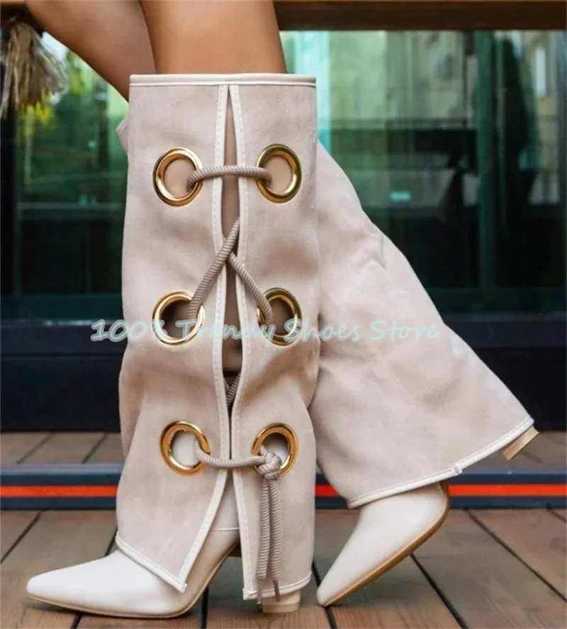 

Fashion Mixed Color Metal Buckle Lace-Up Women Boots Pointed Toe Wedges High Heel Knee High Boots Lady Party Catwalk Dress Shoes