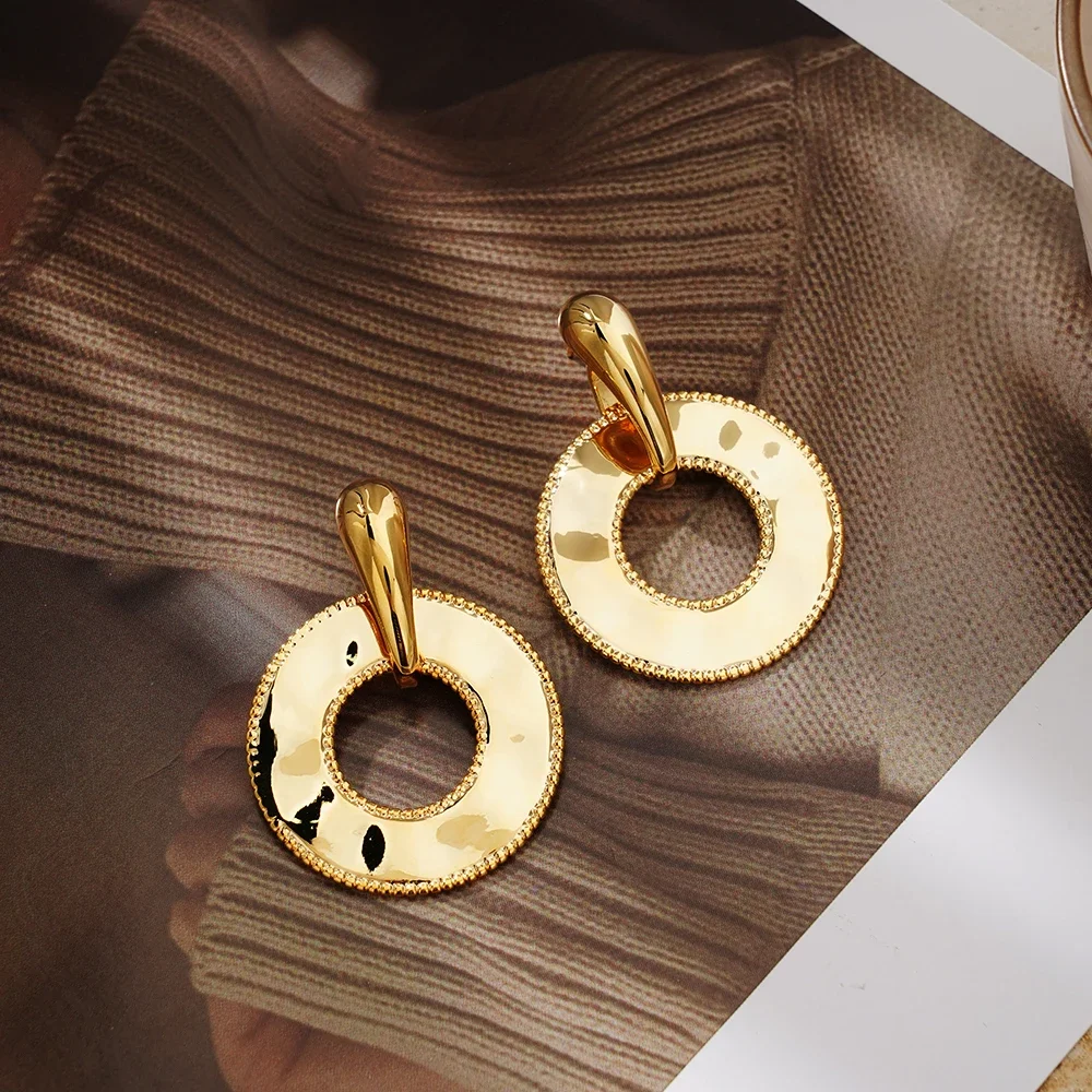 Simple Round Hollow Gold Jewelry Earrings Brass Material 18kpvd Gold-Plated Waterproof Eardrop Accessories 2024 New