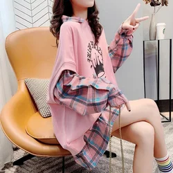 Women's Clothing Printing Plaid Patchwork Turn-down Collar Long Sleeve Pullovers Fashion Loose Young Style Streetwear T-Shirts