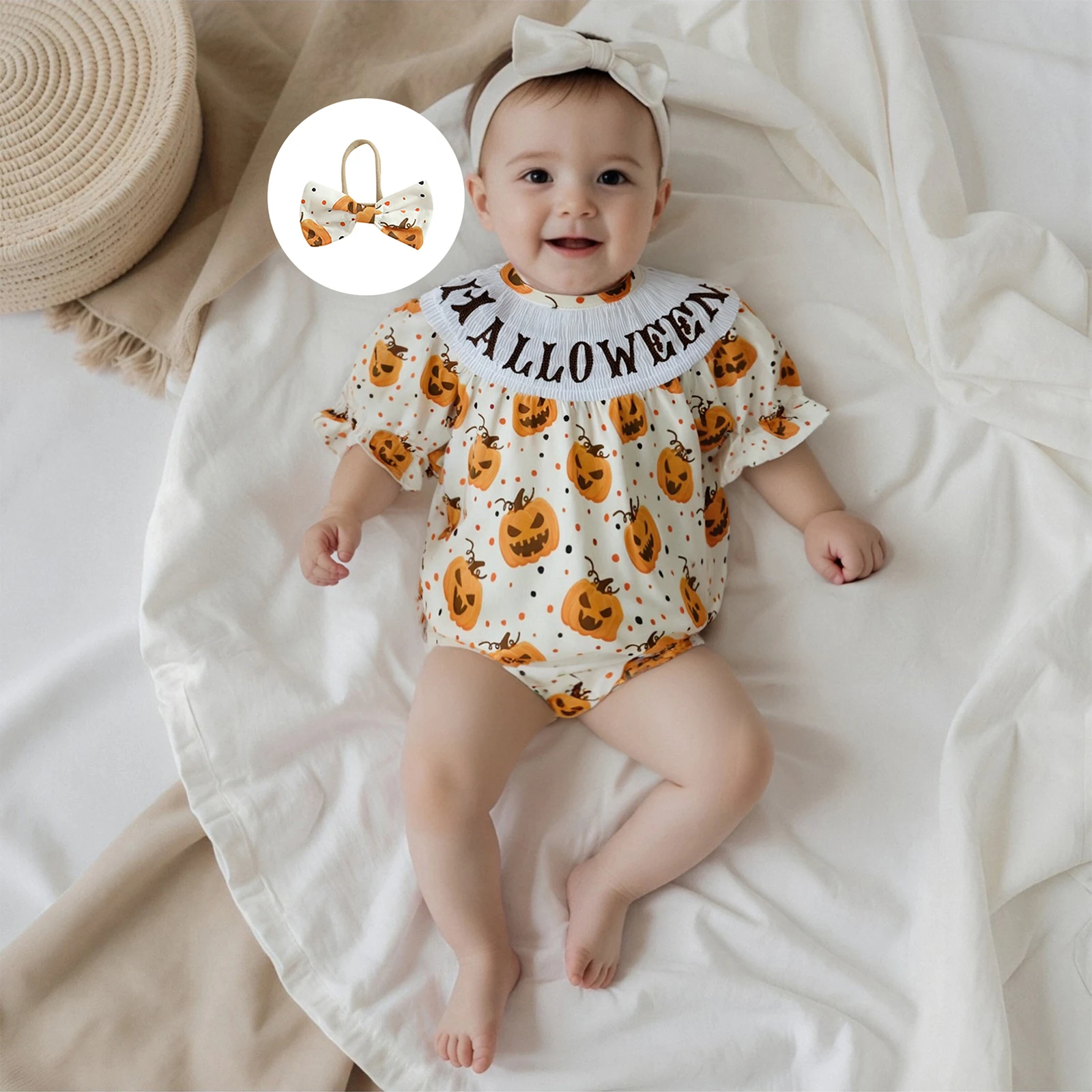 Baby Girls Rompers Halloween Clothes Letter Embroidery Pumpkin Print Short Sleeve Bodysuits Jumpsuits with Headband