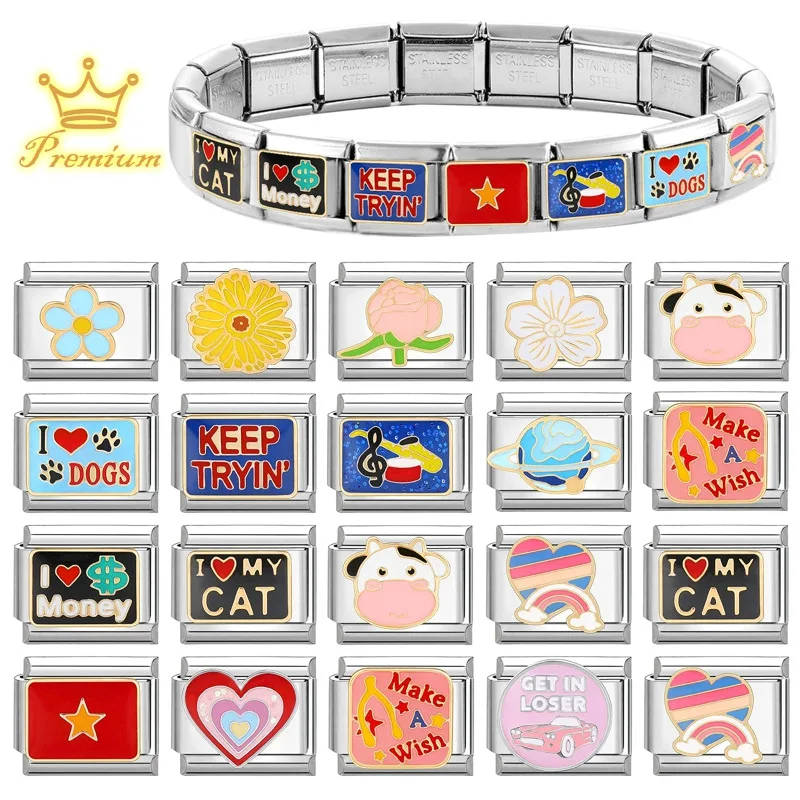 LOVE Heart Flowers Daisy Dogs Cow Star Planet Italian Charm Links Fit 9mm Stainless Steel Bracelet DIY Making Gifts