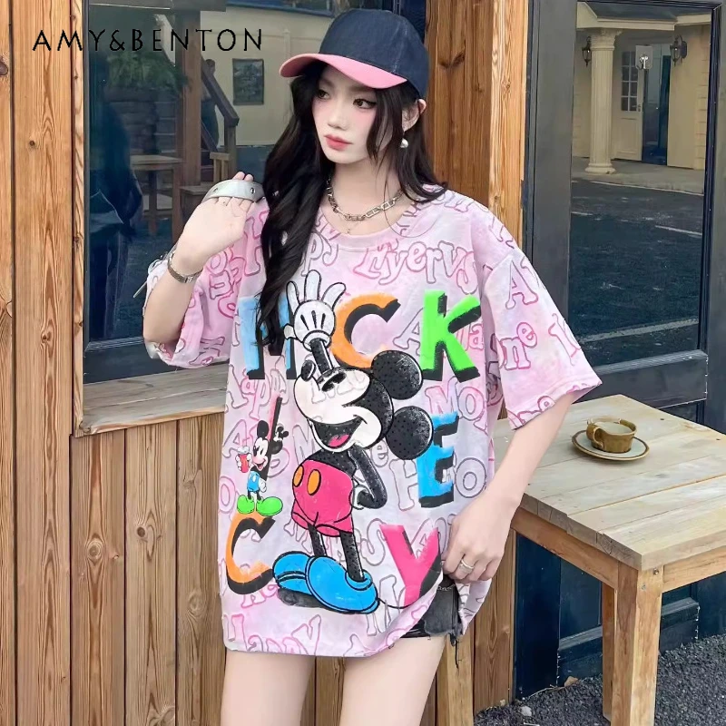 

2026 Summer New Arrivals Trendy Oversized Sequin Tie-dye Cartoon Graphic Short-sleeved T-shirt Pullover Y2k Beautiful Top Tees