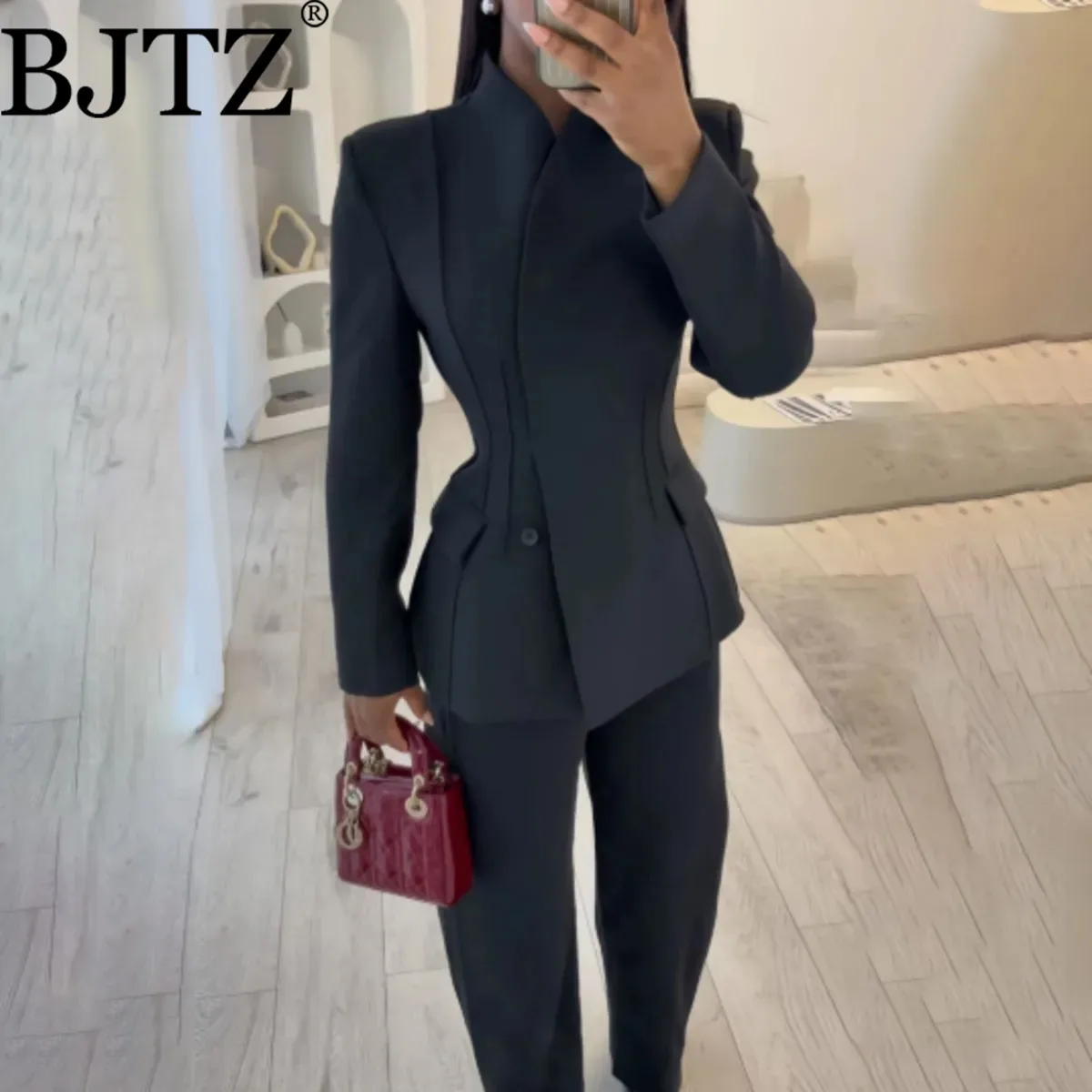 

BJTZ Womens Suits Set High Neck Long Sleeve Slim Blazer Flap Pockets High Waist Pants Casual Comfy Elegant Premium Work Wear