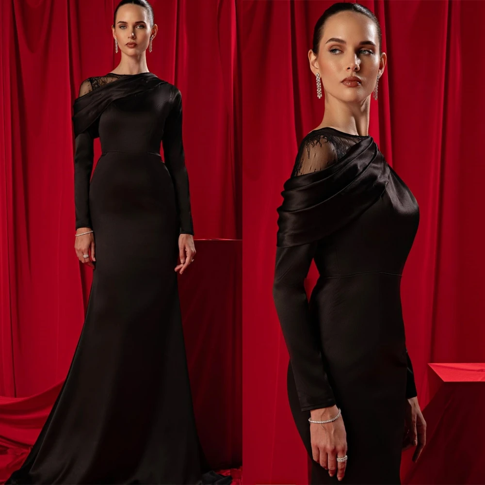 Customized O-Neck Satin Mermaid Long Sleeves Evening Dress Delicate  Party Dresses Temperament  Special Occasion Gowns