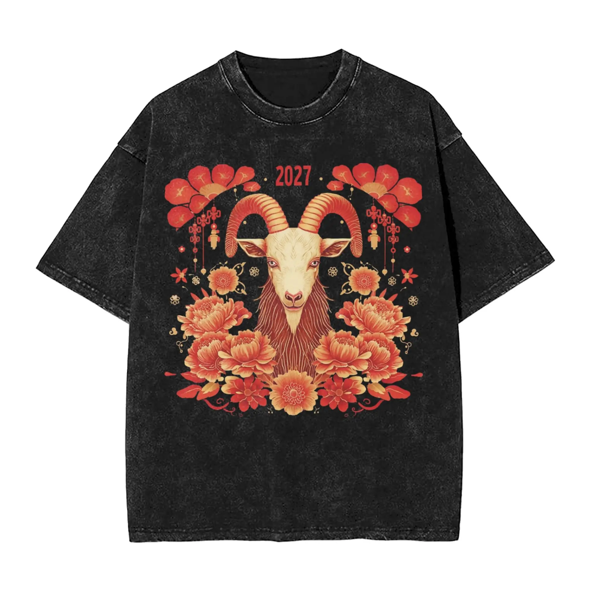 Chinese New Year 2027 years of sheep goat Washed T Shirts Streetwear Hip Hop Cool T-Shirts  Tees Tops Men Women Short Sleeve