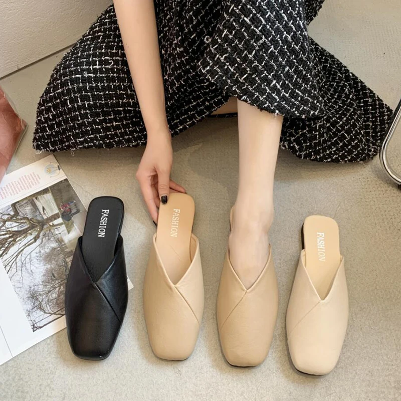 Bege Baotou Slides Mulheres 2023 Novo Verão Metade Arrastar Flip Flops Flats das Mulheres Roma Mules Chinelos