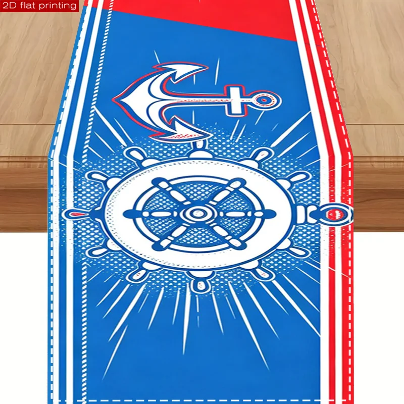 1 Piece American Pop Art Style Table Runner with Ship's Wheel and Anchor Pattern Print, Suitable for Farmhouse, Indoor, Kitchen, Celebrations, Table Decoration, Restaurant, and Banquet Decoration Supplies