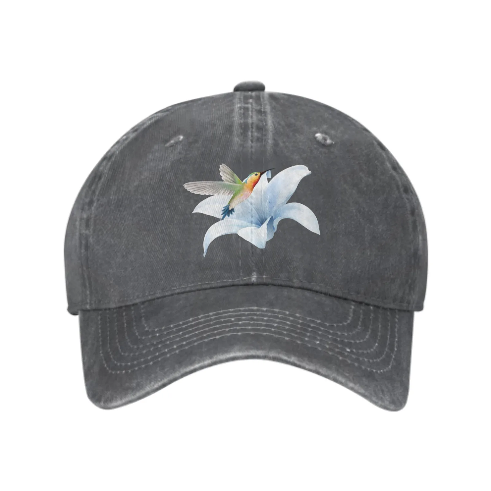 Hummingbird Lily Flowers Denim Baseball Caps for Men Women Adjustable Fashion Casual Trucker Hats for Outdoor Fishing Activities