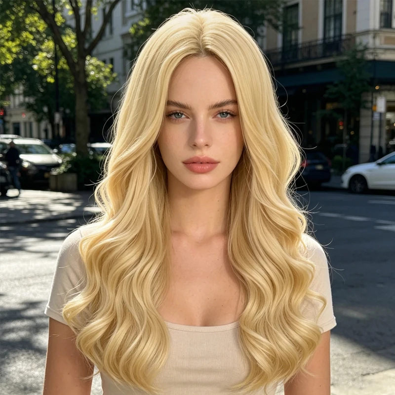 28-inch trendy gold center-parted long wavy synthetic wig, creating a stylish everyday look for women.