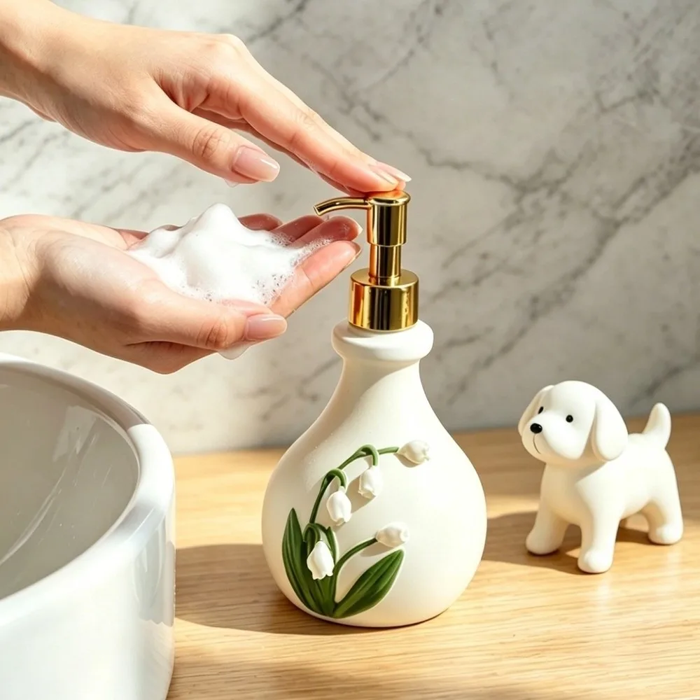 French 3D Floral Resin Soap Dispenser Vintage Freestanding Bellflower of the Valley Embossed Bottle Elegant Decor