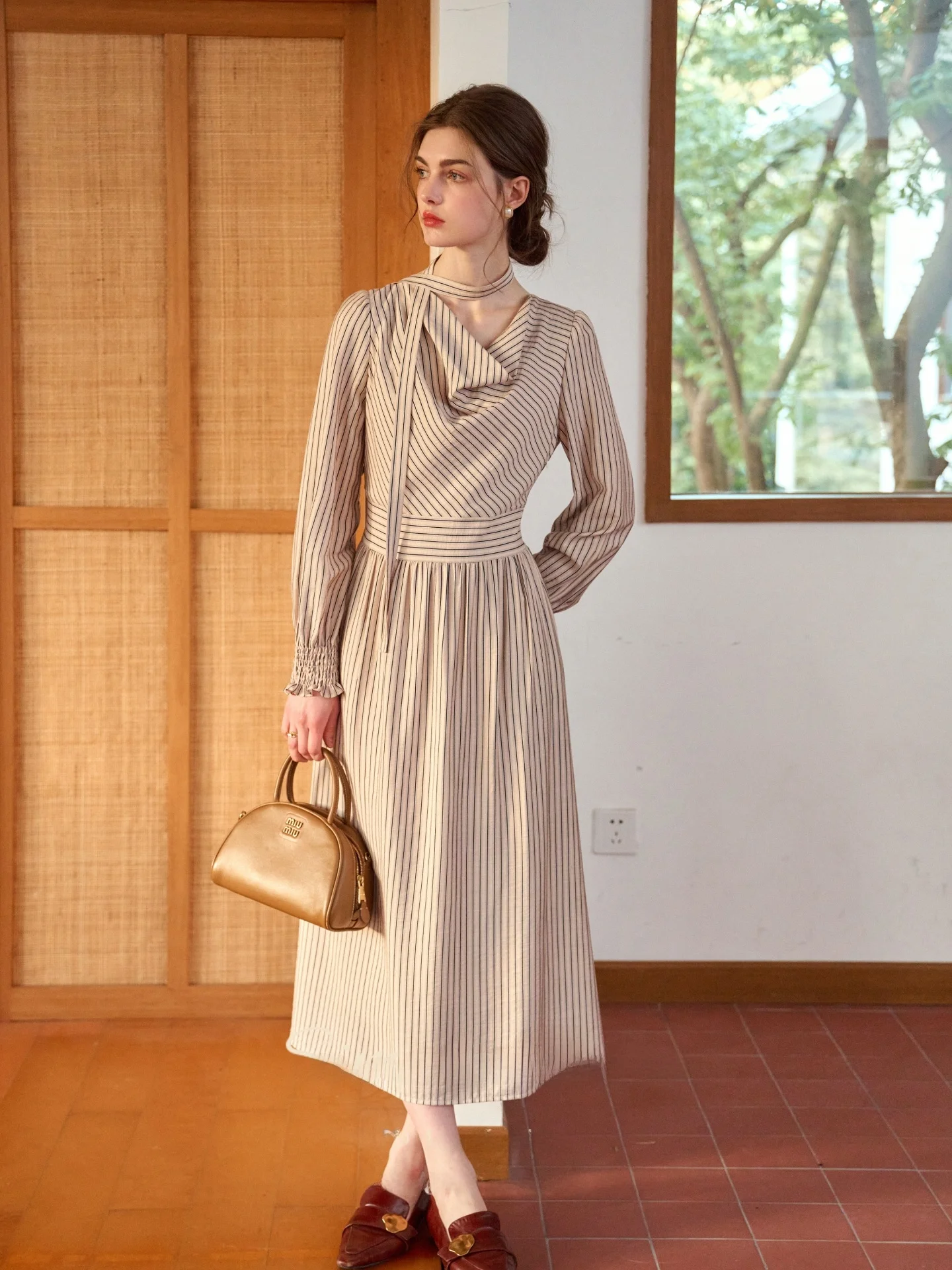 

Retro Striped A-Line Dr Women's Slim Long Sve Gauze Fabric Vintage Sle Spring Faion Ci Commute Date Travel Dr