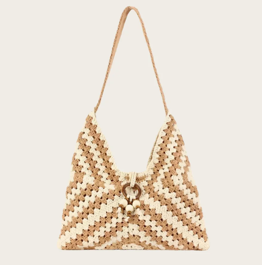 Ethnic style shoulder cotton thread new color grandmother grid grass woven bag, vacation style beach versatile women's bag
