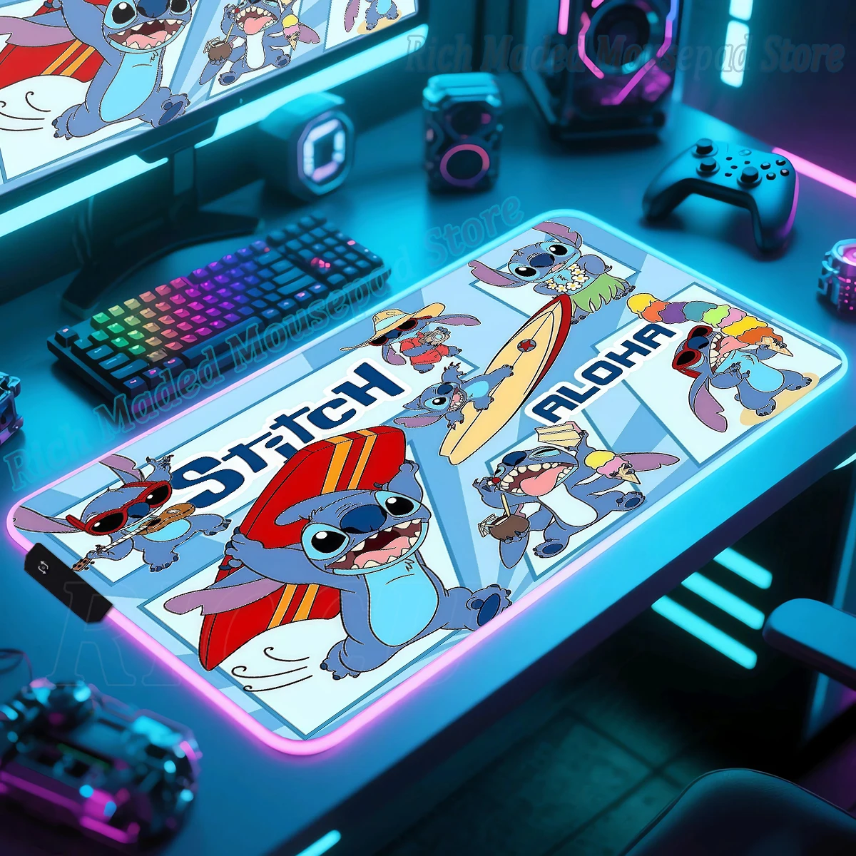 

RGB Stitch Luminous Mouse Pad PC XXL Cute Anime Mousepad Gamer Cabinet Pads Keyboard Rug Laptop Gaming Kawaii Extended Desk Mat