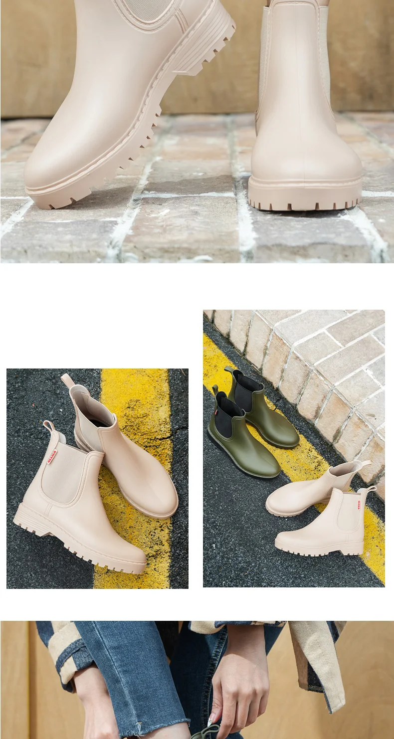 Modische Damen Kurze Rutschfeste Regenstiefel Chelsea Wasserdichte Schuhe Einfarbige Vielseitige Wasserstiefel für Frauen – Detail 12