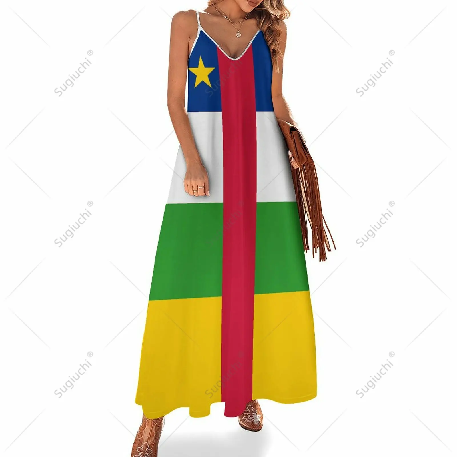 

Long Dresses Dress Central African Republic Flag Print New Casual Sleeveless Women's V-Neck Printed Dress Swing Retro Dresses