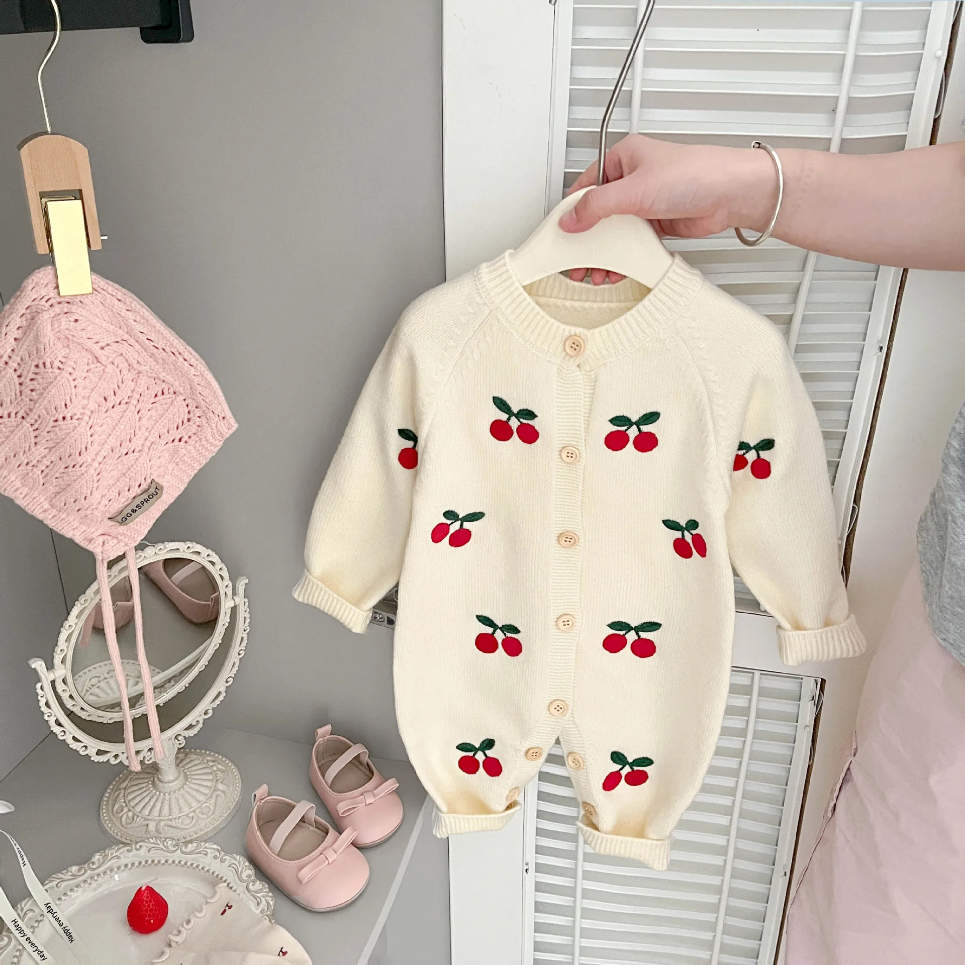 somenie-ベビー秋服小さな月齢ベビーチェリーカバーオール秋ニットセーターファートコート外国風アウト服
