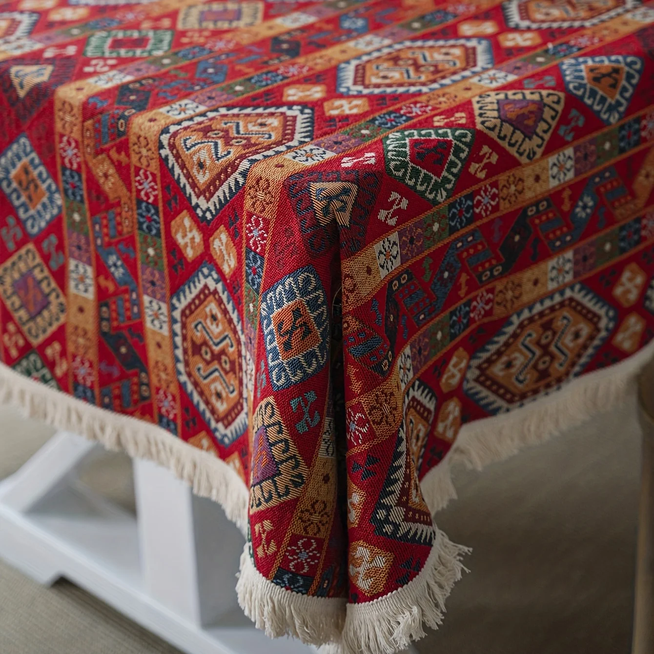 1pc Red Paisley Christmas Tablecloth - Thick Machine-Made Adhesive Vinyl Holiday Dining Table Cover for Festive Decor