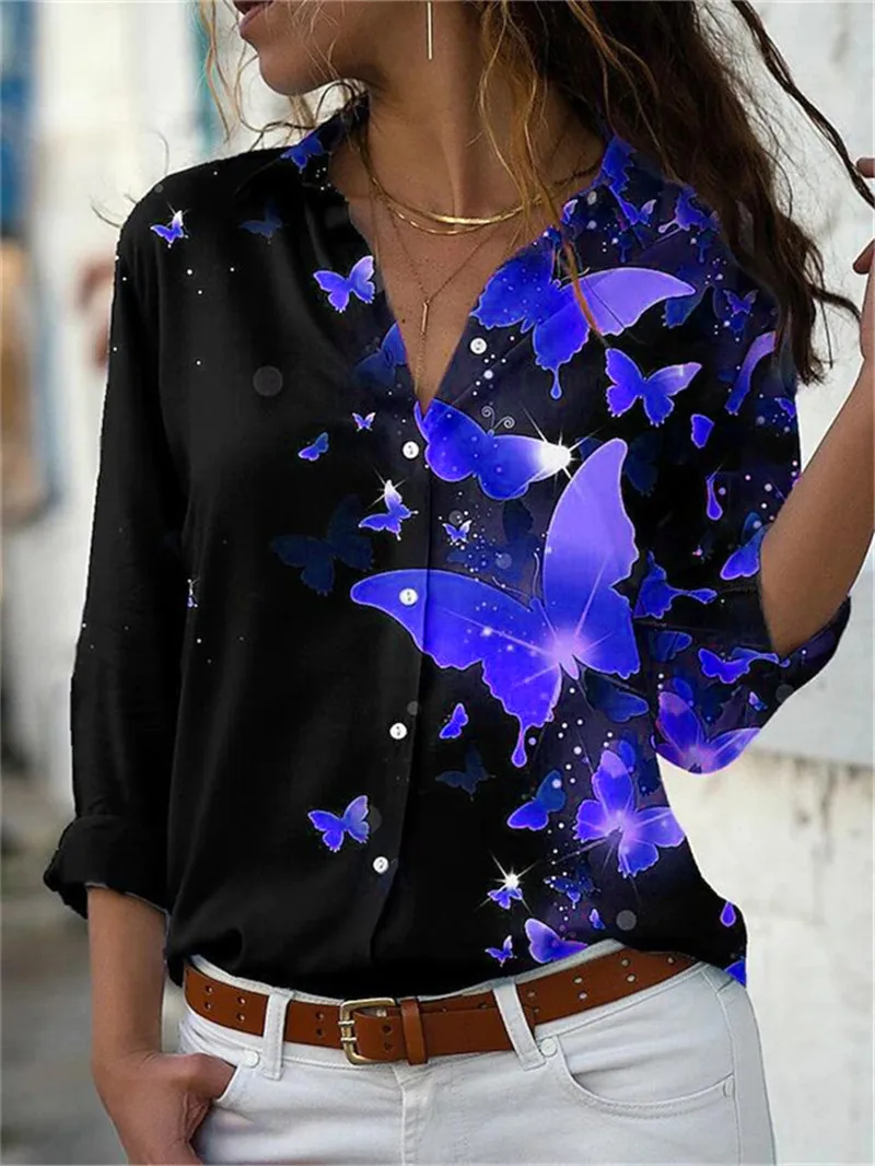 Fashion Butterfly Pattern 3D Print Women Long Sleeve Shirts Spring Autumn Holiday Casual Street Ladies Blouse Women's Clothing