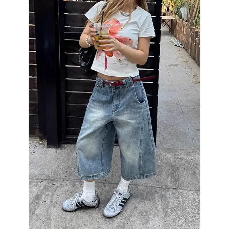 

Женские джинсы с широкими штанинами в стиле ретро, свободные укороченные джинсы прямого кроя Seven-Five, повседневные летние синие джинсы