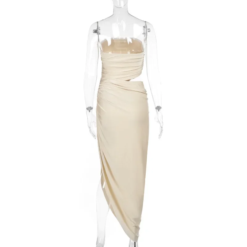 Women Sexy Hollow Out Shirring Strapless Asymmetrical Maxi Party Dress Elegant Strapless Backless Banquet Birthday Long Robe