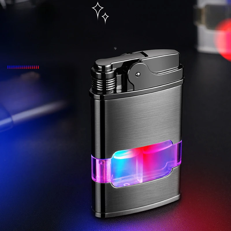 Creative Flashing Fuel Tank Gas Lighter Metal Transparent Windproof Red Flame Direct Injection Butane Gas Lighter