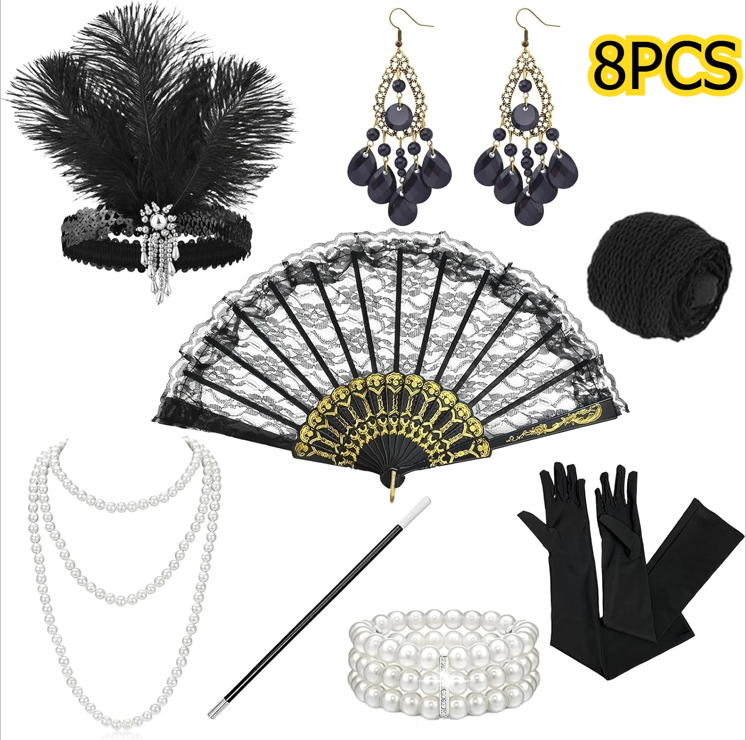 8PCS 1920s Great Gatsby Accessories Roaring Flapper Costumes Headband Pearl Necklace Gloves Cigarette Holder Anime Earring Set