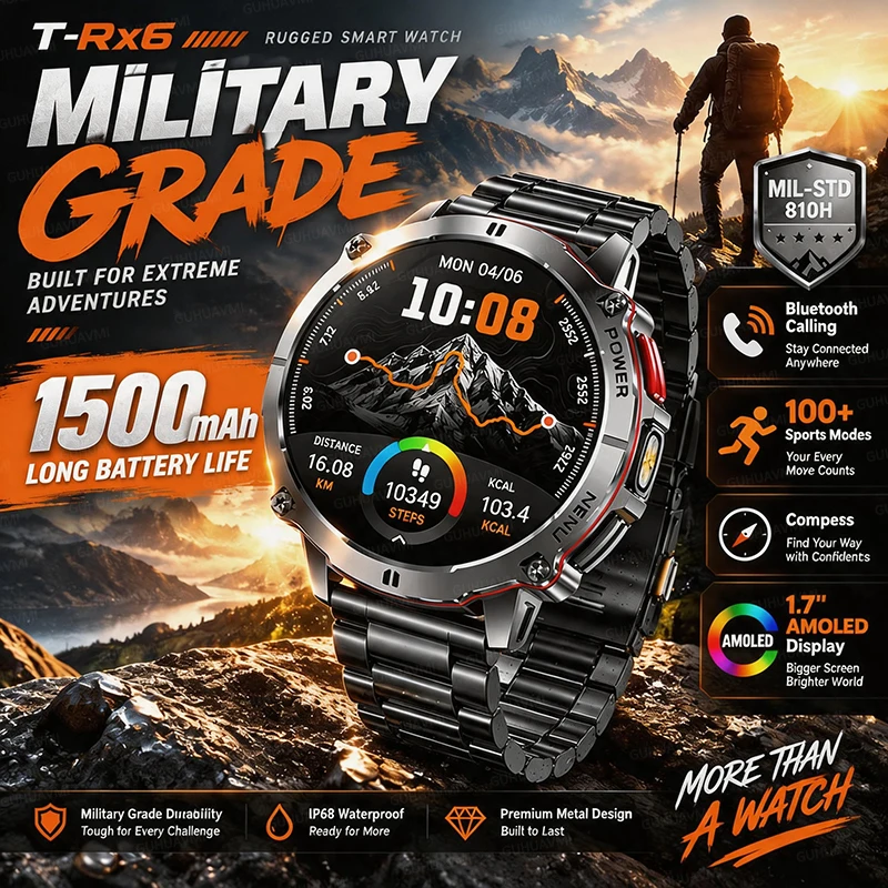 T-RX6 Outdoors Tactics Smart Watch Military 1500Mah Battery 1.7” AMOLED Screen Compass IP68 Waterproof Flashlight HD Call Watch