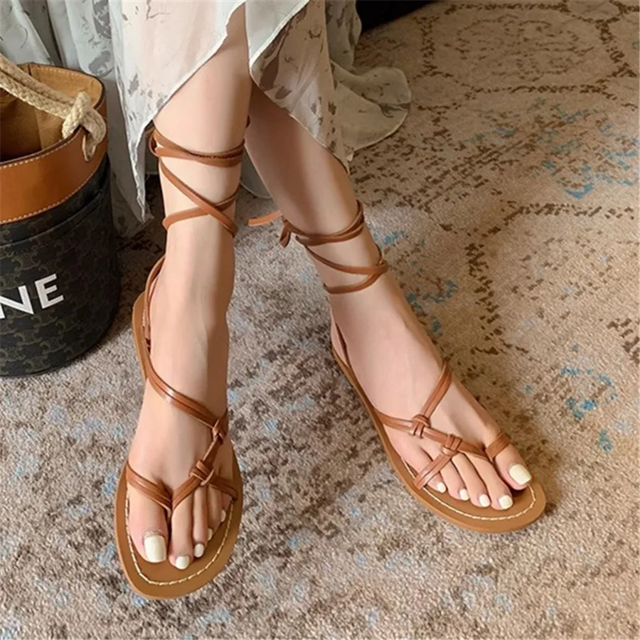 

Women's Sandals Summer 2024 Ankle Strap Flip Flops Flat Beach Shoes Ladies Bohemia Casual Lace-up Gladiator Sandalias Mujer