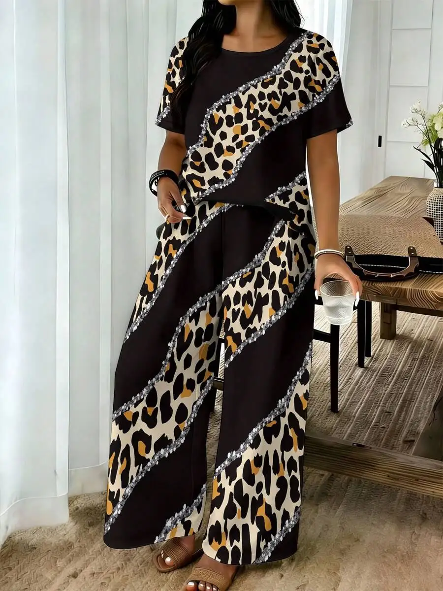 

Womens Plus Size Short Sleeve Leopard Print Two Piece Set Loose Comfortable Casual Outfit