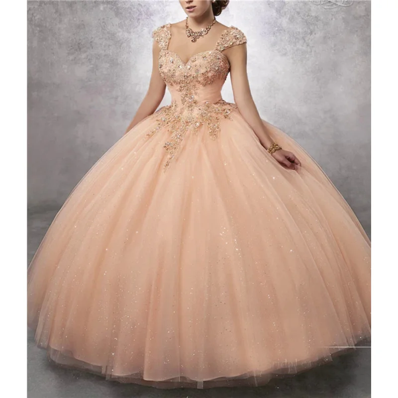 Strapless Sweetheart Oranje Quinceanera Baljurk Champagne Sticker Kralen Veteraan Quinceanera Jurk Strapless Plus Size