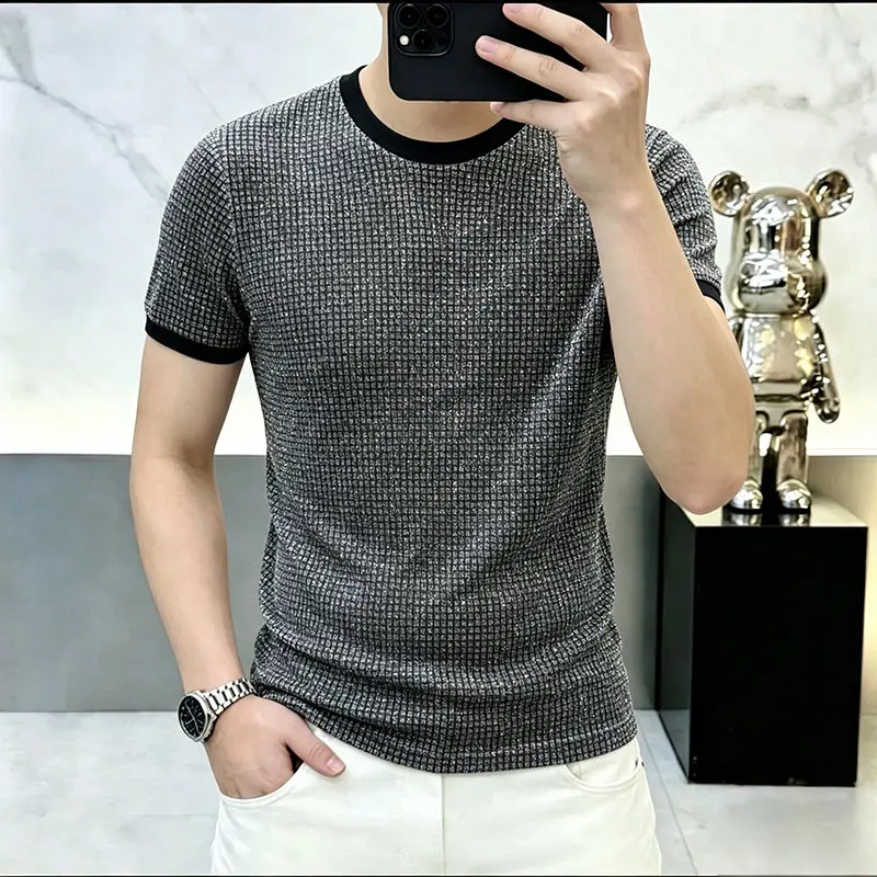 Breathable Jacquard Silver T Shirt For Men Short Sleeve Slim Fit Summer Quality Soft Comfortable Plaid Camisetas De Hombre M-4XL