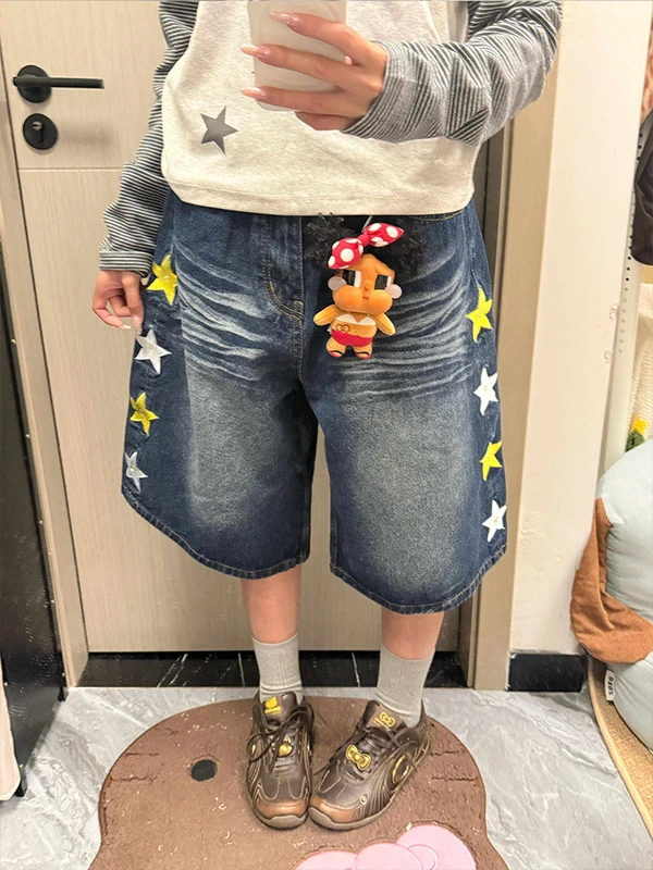 

Retro American Star Embroidery Denim Jeans Women Summer Trend Loose Wide Leg High Waist Casual Cotton Blend Trousers
