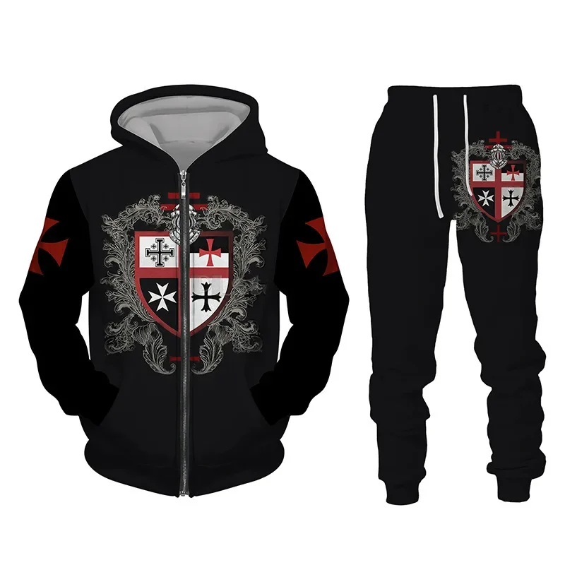 Knights Templar Men\'s Zipper Hoodie Set Cross 3D Printed Oversized Harajuku Fashion Loose Long Sleeve Casual Streetwear Autumn