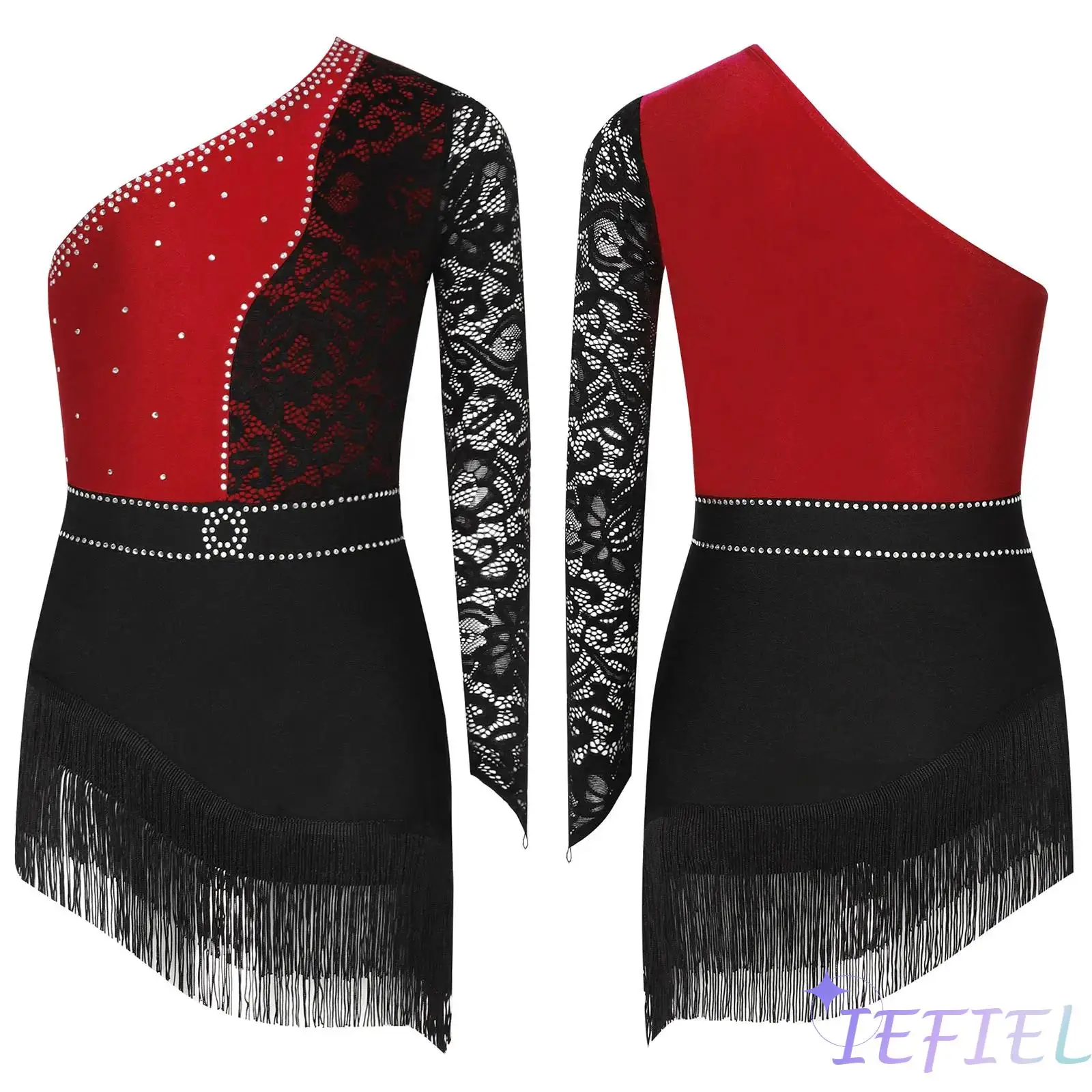 

Competition Latin Dress Girls Shiny Rhinestones Lace Patchwork Long Sleeve Latin Jazz Dance Costume for Samba Rumba Chacha Dance