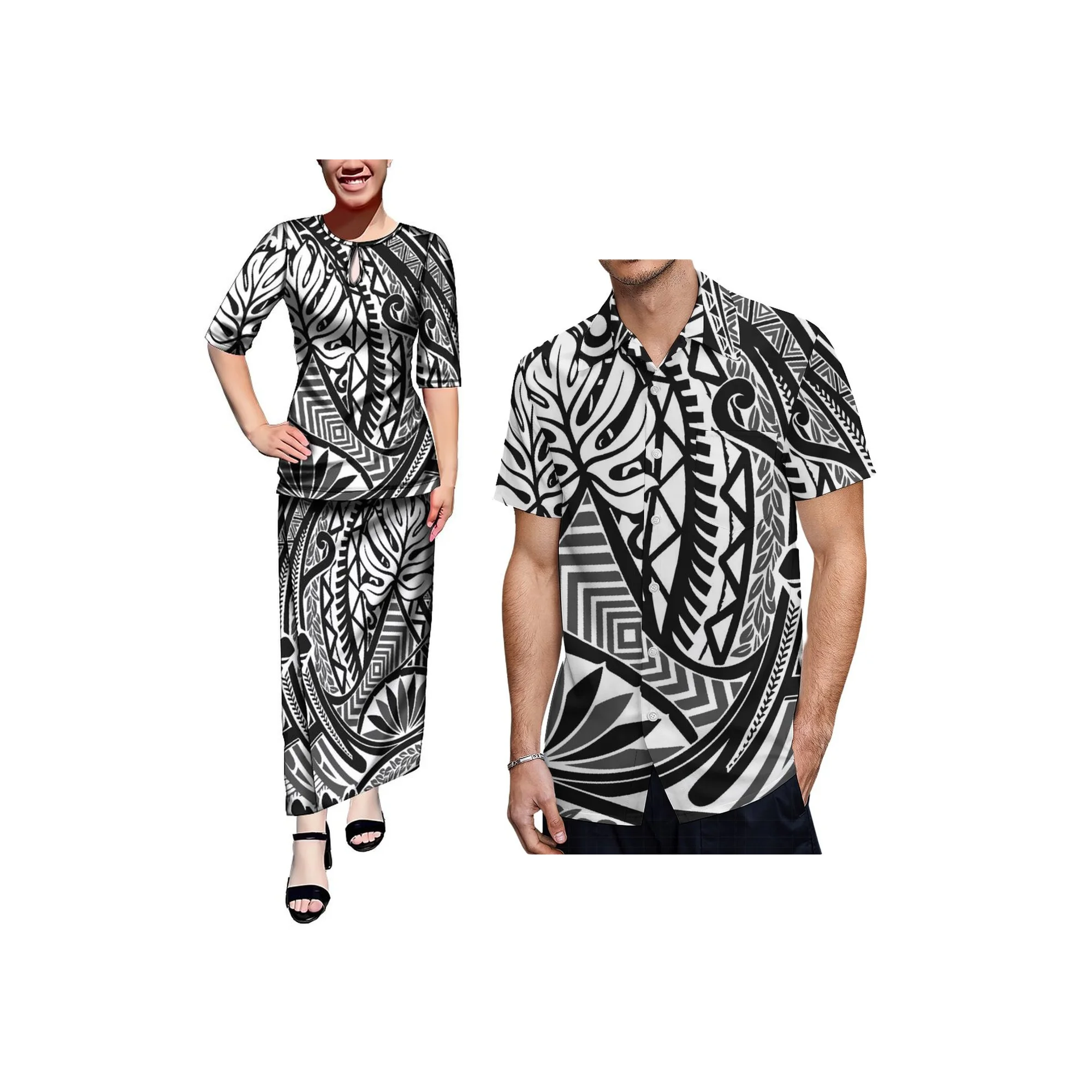 Polynesian Island Design Damen Halbarm Langes Maxi-Freizeitkleid Top und Röcke 2-teiliges Set Custom Puletasi Tonga-Kleid