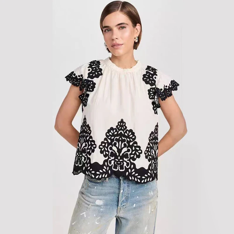 

Women 2024 Early Autumn Floral Stamen Pattern Embroidered Pullover Temperament Round Neck Flying Sleeve Top Shirt