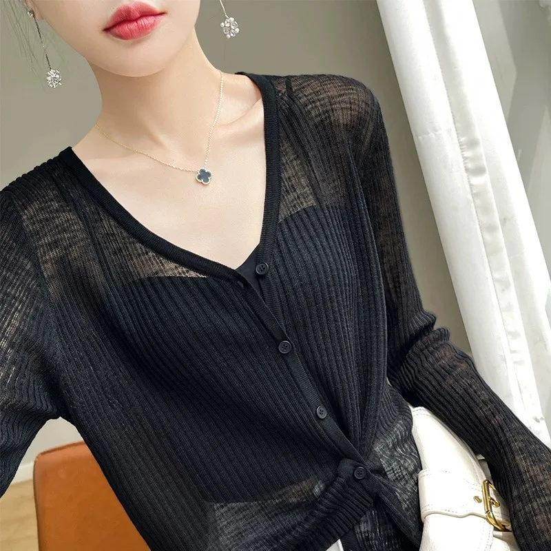 

Bla Bamboo Stem Linen Ice Silk Sun Protection ort Knitted Cardigan Women's Slimming Air Conditioner Top with Strap Vest O...