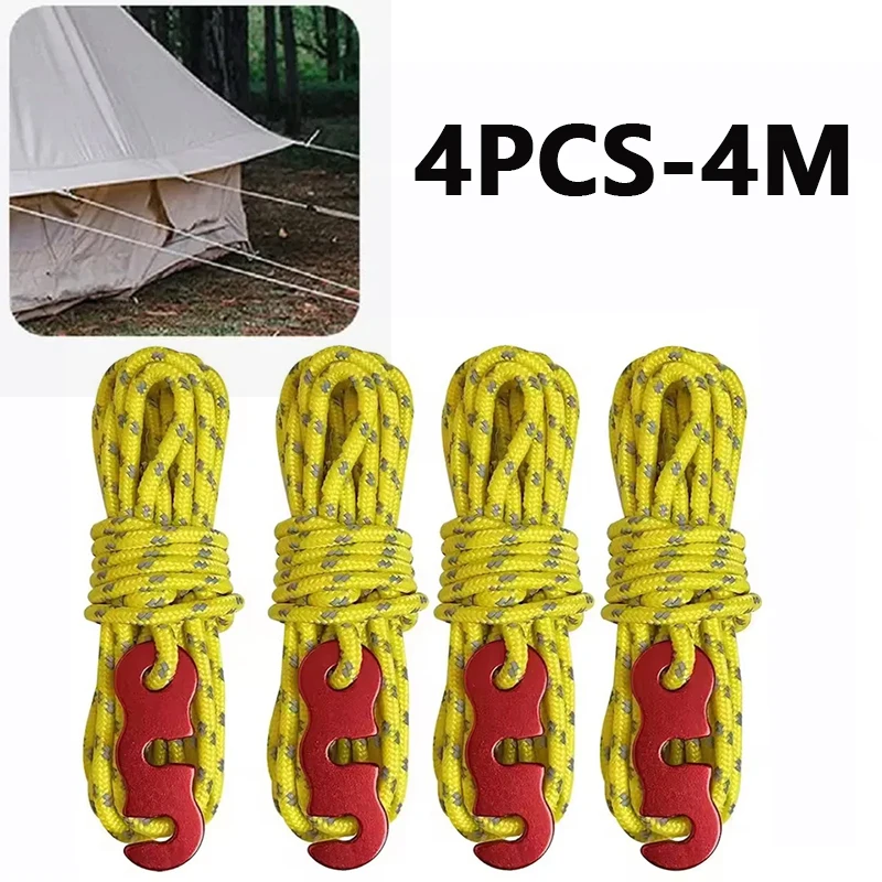 4PCS Tent Wind Rope Buckles with Rope Adjusters Windproof Rope Buckles Night Reflective Rope 4m Long Camping Rope