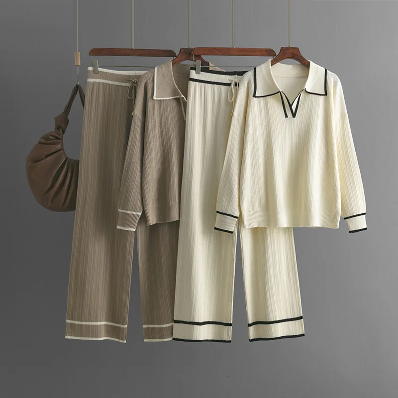 

Autumn Winter Women's Clothing Casual Set High Waist Knitted 2PCS Outfit Loungewear Home Wear V Neck Knit Cozy Sweater Knitewear