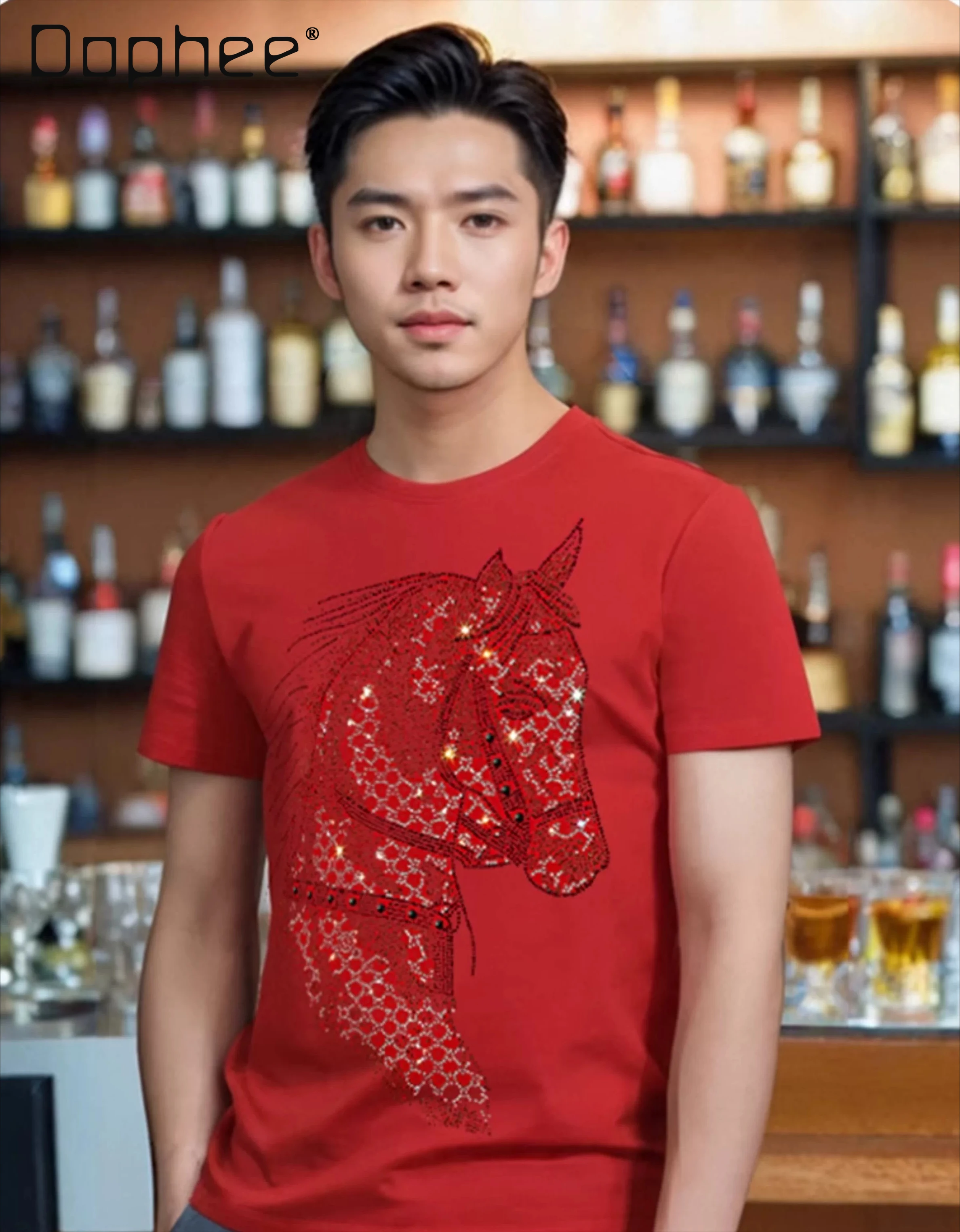 

2026 Summer New Men Horse Head Rhinestone Print High End Round Neck Short Sleeve Red Black White Fit Casual T-Shirt