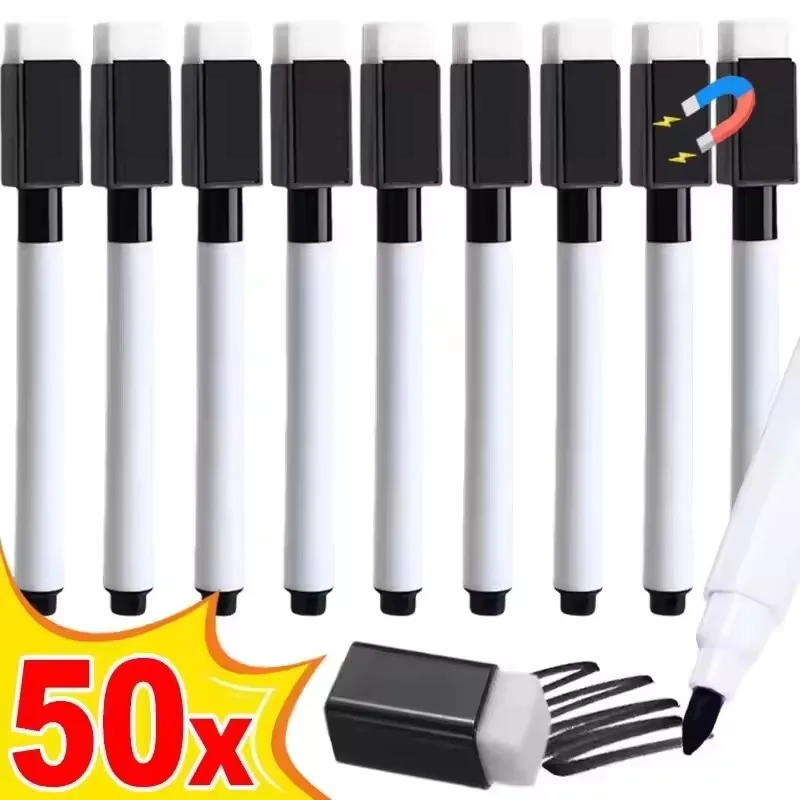 5-50Pcs Black Marker Pens Magnetic Whiteboard Dry Erase Pens Built Cap with Eraser Cap Office School Stationery Writing Tools