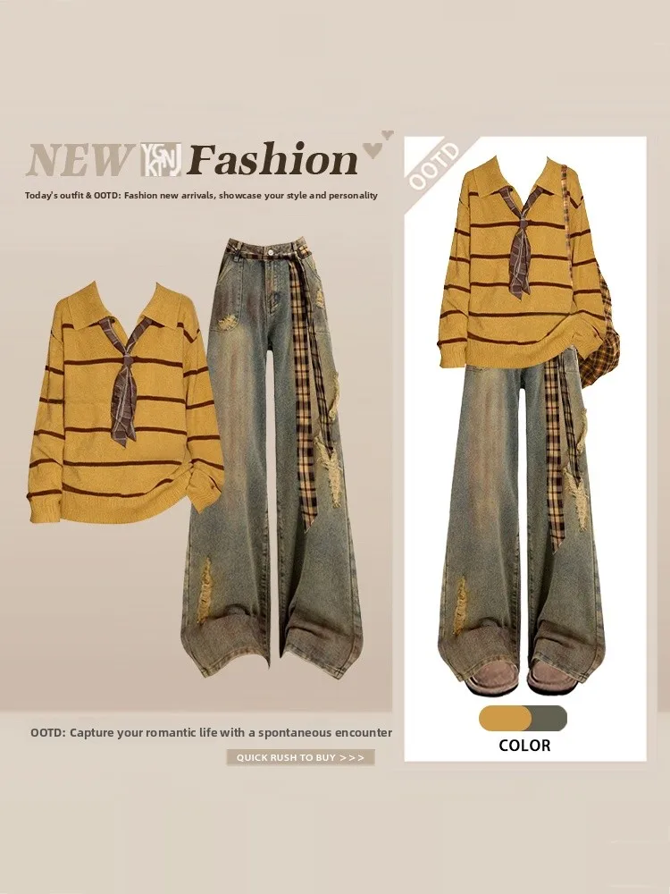 

Cool Vintage Striped Sweater High Waist Wide Leg Jeans Hole Design Winter Faion Set Women's Long Sve Knitted Top