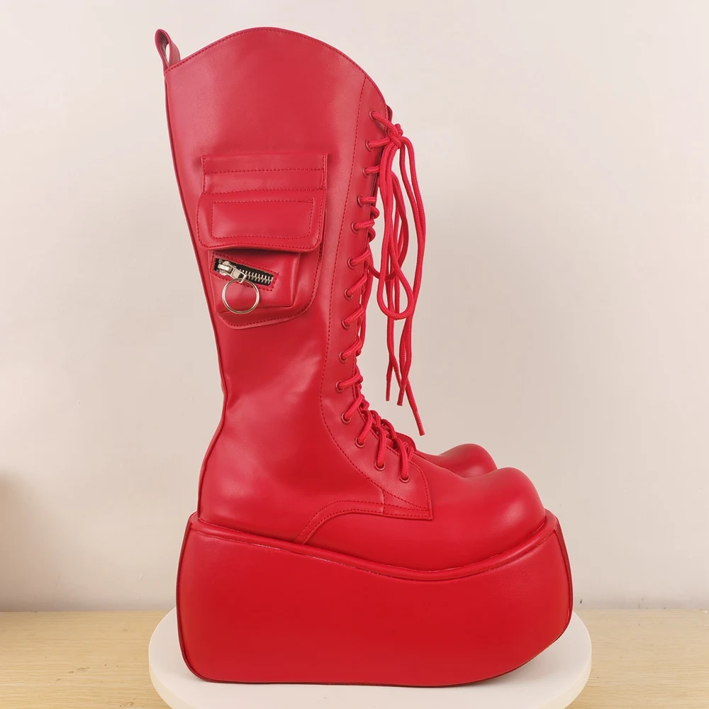 Red Platform Pocket Decoration Fashion Boots Big Toe Thick Sole Height Increase Lace Up Patchwork Women Knee High Boots Y2K 2025