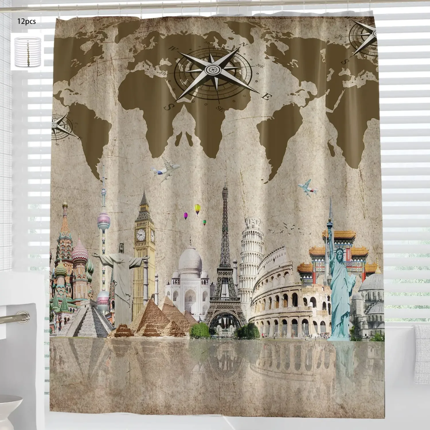 Vintage World Map Shower Curtain Famous Culture Landmark Statue of Liberty Eiffel Tower Big Ben Waterproof Bathroom Decor Sets