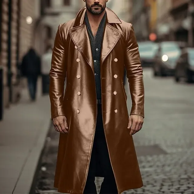 New Winter and Autumn European and American Plus Size Men Long Leather Windbreaker Fashion Double-breasted Military Leather Coat