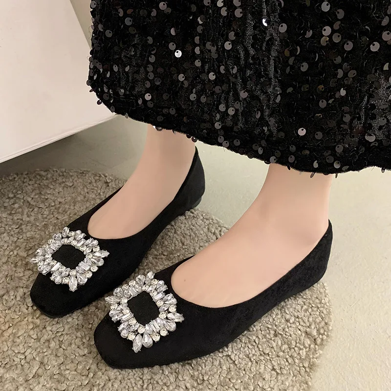 Women Summer Shoes Ladies Female Footwear Square Toe Black Flats Autumn Low Heels Crystal Casual Sneaker 2024 Dress Fall New Rhi