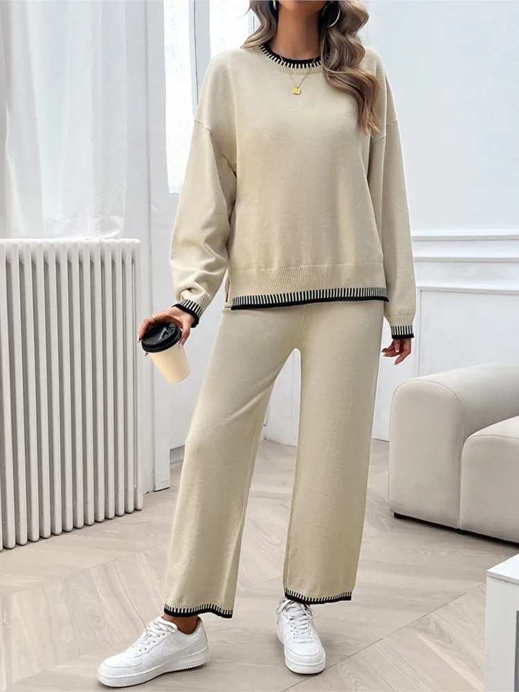 Patchwork Sweater And Straight Pant Set Knitting Top And Long Trouser Casual Teo Piece Set Autumn Winter Loose Homewear Suit