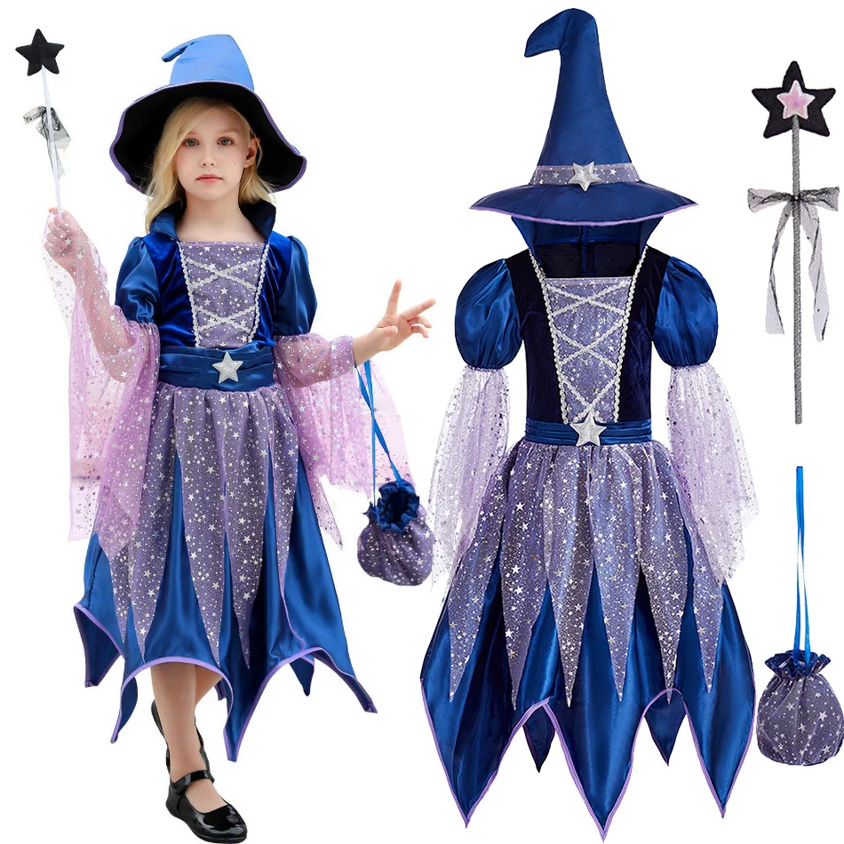 Kids Vampire Costume Children Cosplay Carnival Fancy Fantasy Girls Witch Party Elegant Disguise Princess Pageant Dress with Hat