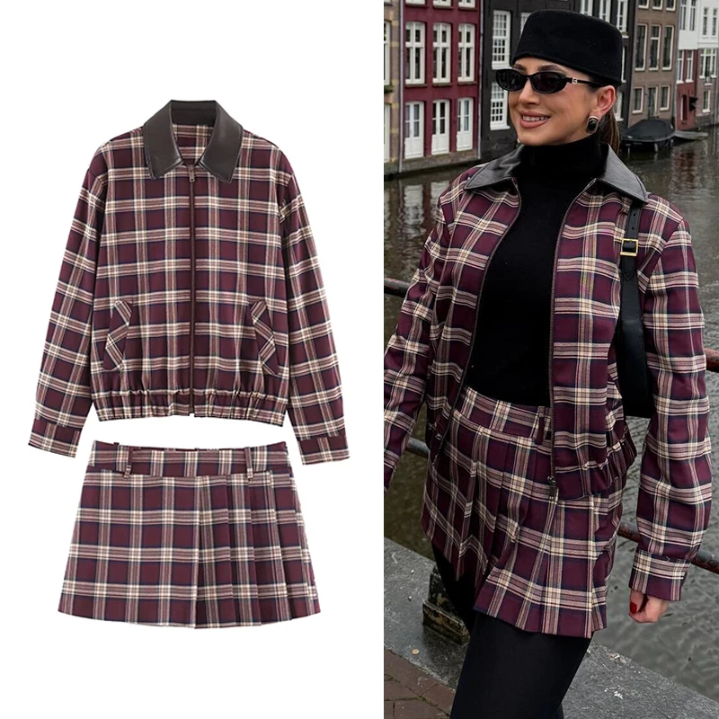 Women Plaid Mini Skirts Two Piece Sets 2026 New Chic Fashion Zipper Jacket Women's Suits Spring Autumn Woman Outfits